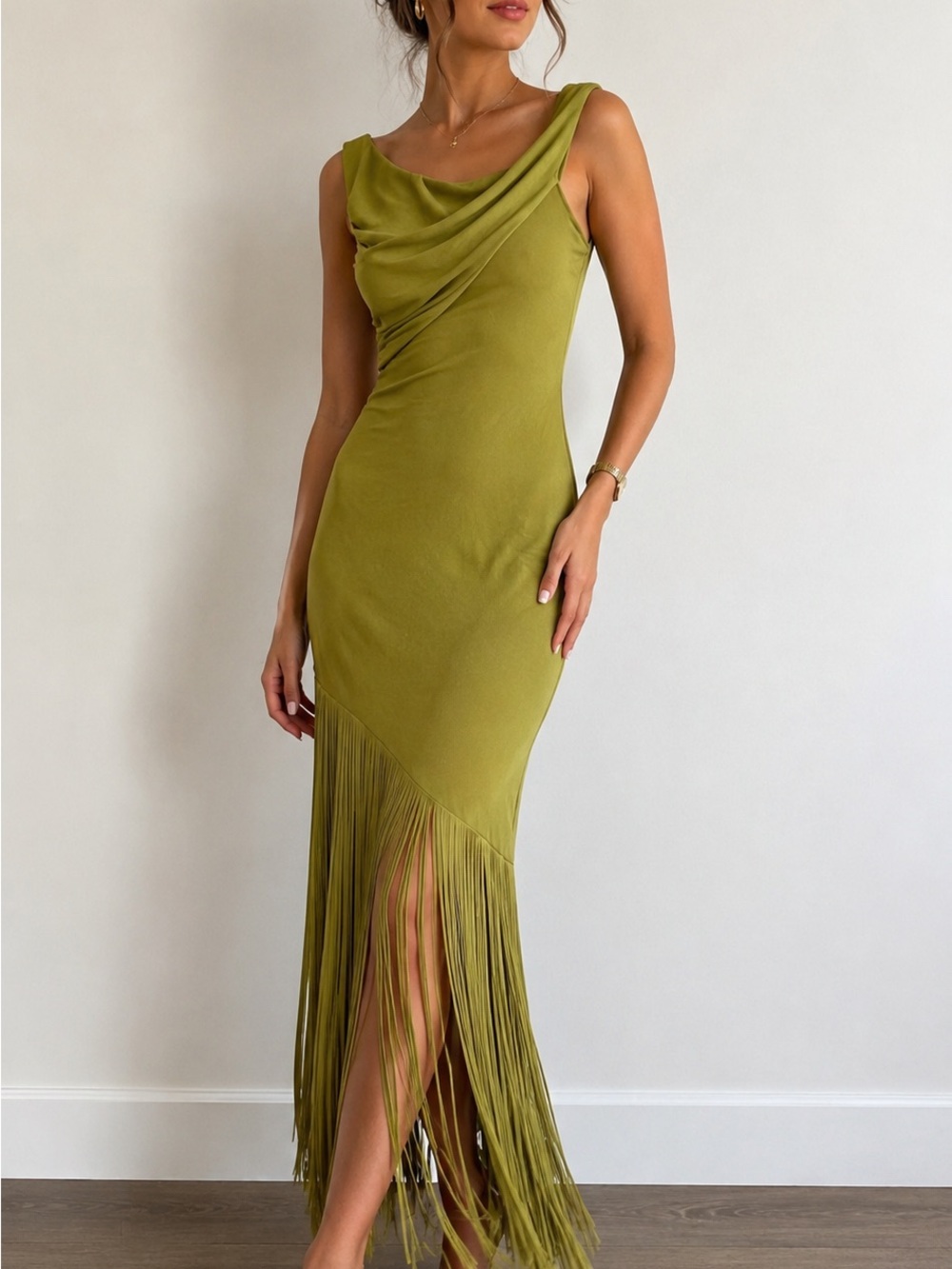 Olive Green Draped Fringe Maxi Dress Size S NWT - Picture 4 of 12